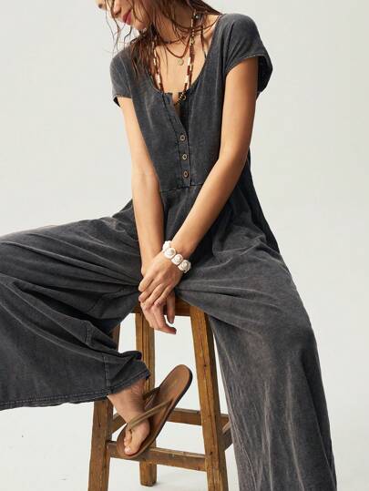 Bohemela 女式休闲宽松牛仔风格纯色圆领短袖连体裤，波西米亚文艺复兴博览会风格，夏季