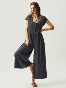 Bohemela 女式休闲宽松牛仔风格纯色圆领短袖连体裤，波西米亚文艺复兴博览会风格，夏季 - 黑色 - 查看 2