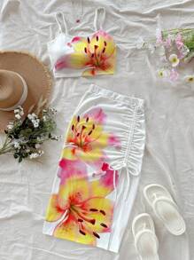 Soleia 2pcs/Set Women Vacation Casual Floral Print Camisole & Drawstring Waist Slit Skirt Suitable For Going Out