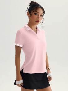 SHEIN Sport Studio Camisa polo deportiva de manga corta con ribete a rayas para mujer, casual de verano