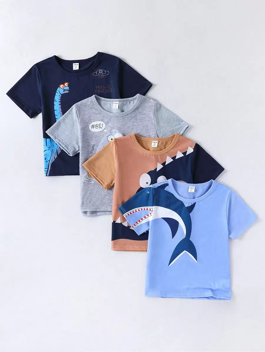SHEIN 4pcs/Set Cute Cartoon Animal Print Round Neck Short Sleeve T-Shirts For Young Boy, Soft Fabric Suitable For Street, School, Outdoor Play In Spring & Summer, Getaway, Holiday, Travel, Relax, Sunbathing - Multicolor - View 1