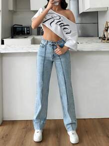 EURMUSE 女士休闲水洗高腰直筒牛仔裤 - 中等水洗藍 - 查看 5