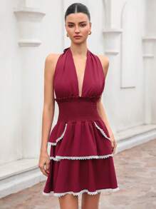 BELROSIE Italian Elegant Birthday Party Dress,White And Burgundy Summer Mini Dress Women,Halter Neckline Waist Cinched Layered Ruffle Hem Lace Trim - Burgundy - View 4
