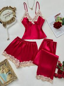 SilkySpell 3pcs Women Sleepwear Set: Contrast Trim Elegant Satin Camisole Shorts And Long Pants