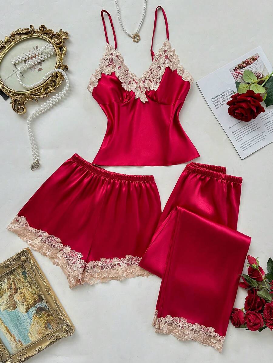 SilkySpell 3pcs Women Sleepwear Set: Contrast Trim Elegant Satin Camisole Shorts And Long Pants