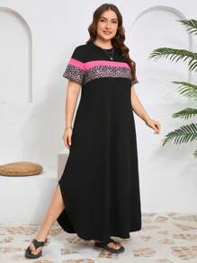 SHEIN LUNE Damen Große Größen Kleid mit Leoprint Patchwork, Rundhalsausschnitt, Kurzarm und gerundetem Saum, Lässig-Stil