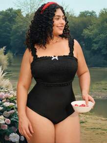Swim Mod Plus Size Women's One-Piece Swimsuit With Ruffle Trim And Bow Decoration, Cute And Sweet For Beach Holiday