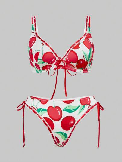 Kawaii Plus Size Sweet Cherry Print Satin Ribbon Bow Handsewn Underwire Lingerie Bra Set, Pastoral Style