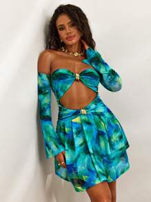 Opulessa 针织网眼印花露肩镂空设计女式迷你连衣裙 - 綠色 - 查看 7