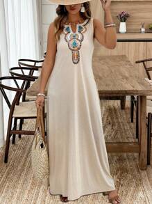 SHEIN Clasi Plus Size Feminino Casual Decote Em V Retro Estampa Sem Mangas Vestido Com Fenda Lateral, Verão - Damasco - Ver 1