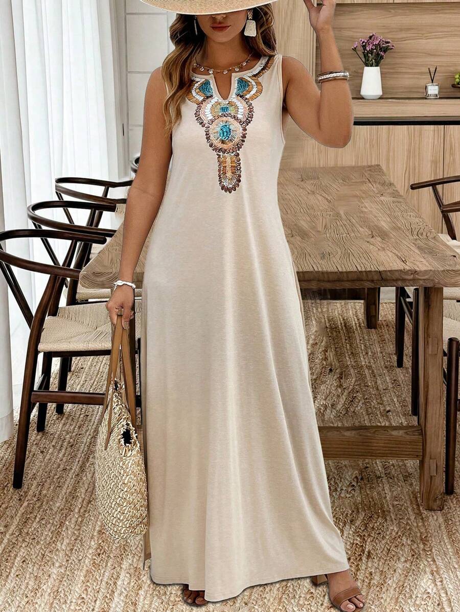 SHEIN Clasi Plus Size Feminino Casual Decote Em V Retro Estampa Sem Mangas Vestido Com Fenda Lateral, Verão - Damasco - Ver 1