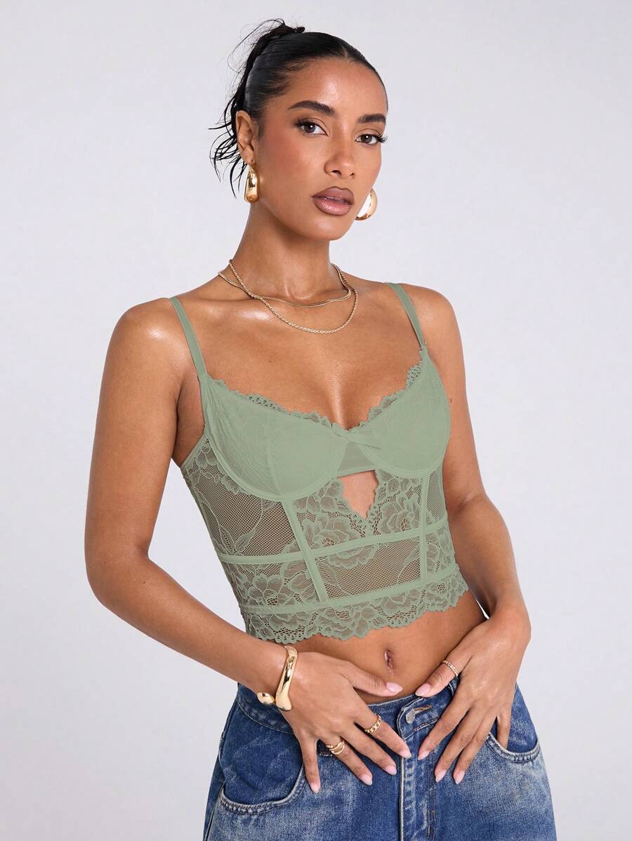 SHEIN BAE 女士性感蕾丝百搭时尚单品紧身胸衣上衣性感吊带背心，适合外出、约会之夜、主题派对和音乐会、新年前夜、圣诞派对女士上衣 - 薄荷綠 - 查看 1