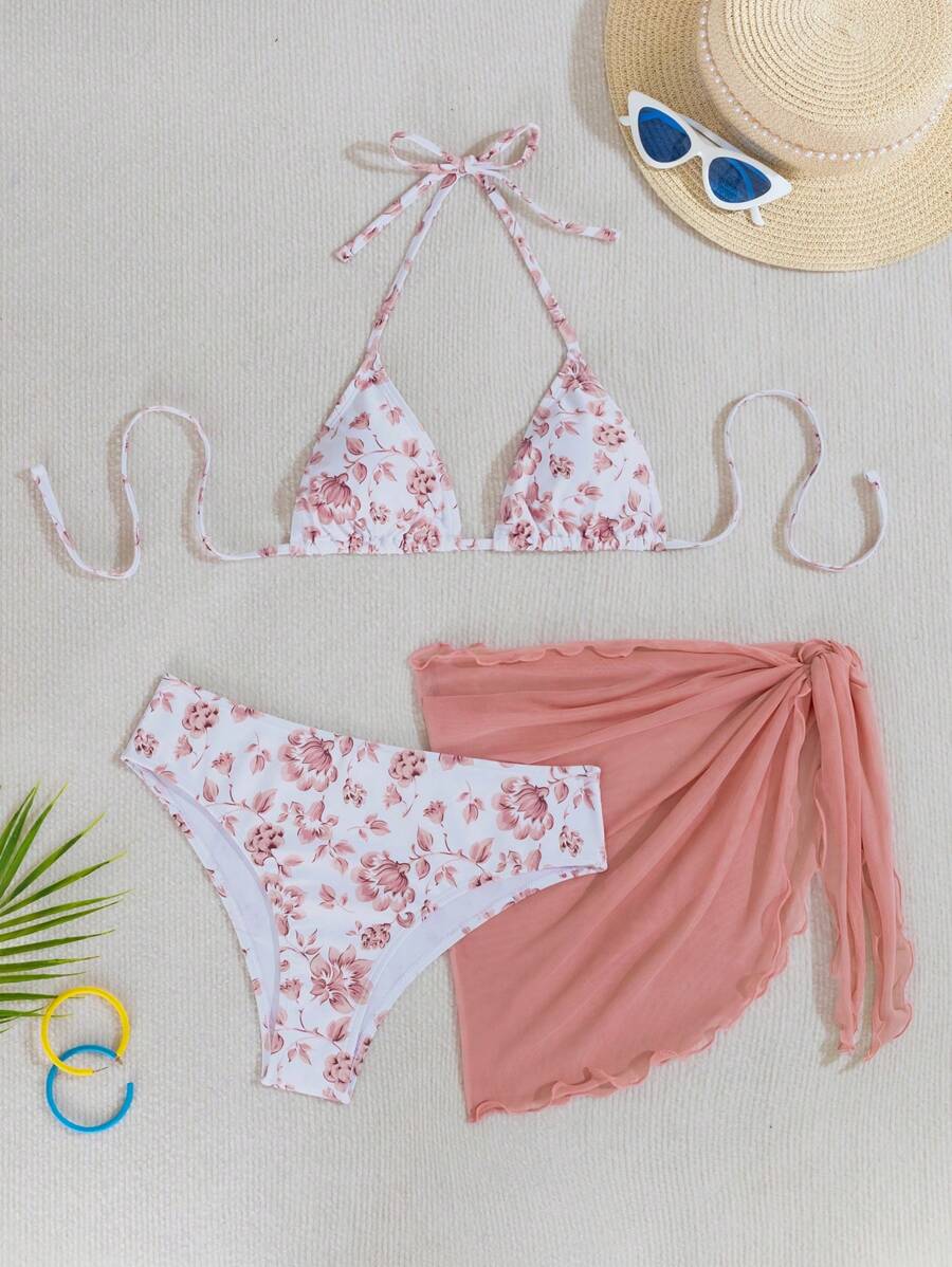 Swim Mod Summer Beach Women's Vacation Floral Print Halter Neck Tie Sexy Bikini Set With Cover-Up Skirt , Random Printed, 3pcs - Rusty Rose - View 1