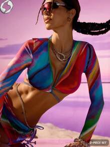 Innovista Traje de baño deportivo para mujer de dos piezas, conjunto de traje de baño para mujer, traje de baño de manga larga para mujer, falda anudada - Multicolor - Ver 8