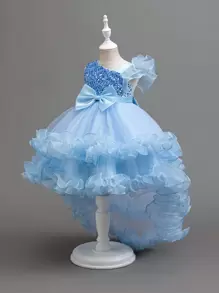 Glamorique Kids 小女孩圣诞老人连衣裙，新年派对礼服，钢琴演奏会表演薄纱蝴蝶结镂空露背荷叶边公主裙，皇家蓝派对礼服 - 淺藍色 - 查看 3