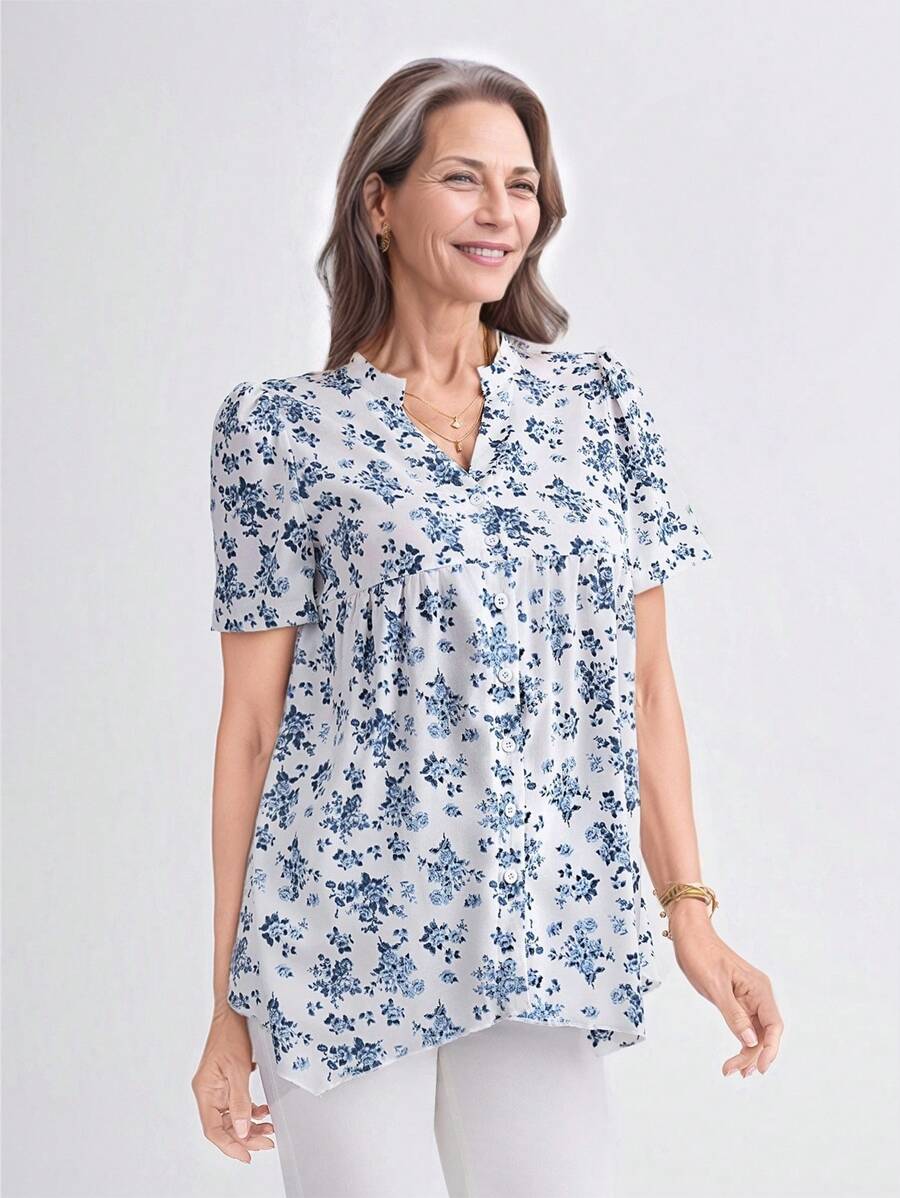 Miaspire Women's Resort Casual Ditsy Floral Notched Collar Blouse - Multicolor - View 1