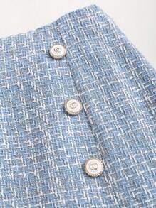 Sweetra Women's Fashion Versatile Pink Tweed High Waist A-Line Mini Skirt With Decorative Buttons - Blue - View 3