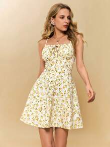 Poéselle Váy mini hình trái tim in hoa có dây đeo mảnh có thể điều chỉnh - Váy suông màu vàng, Váy hoa nữ, Váy suông mini, Váy hoa nữ, Váy vàng, Váy cổ trái tim, Váy mùa xuân nữ - Nhiều màu - Xem 3