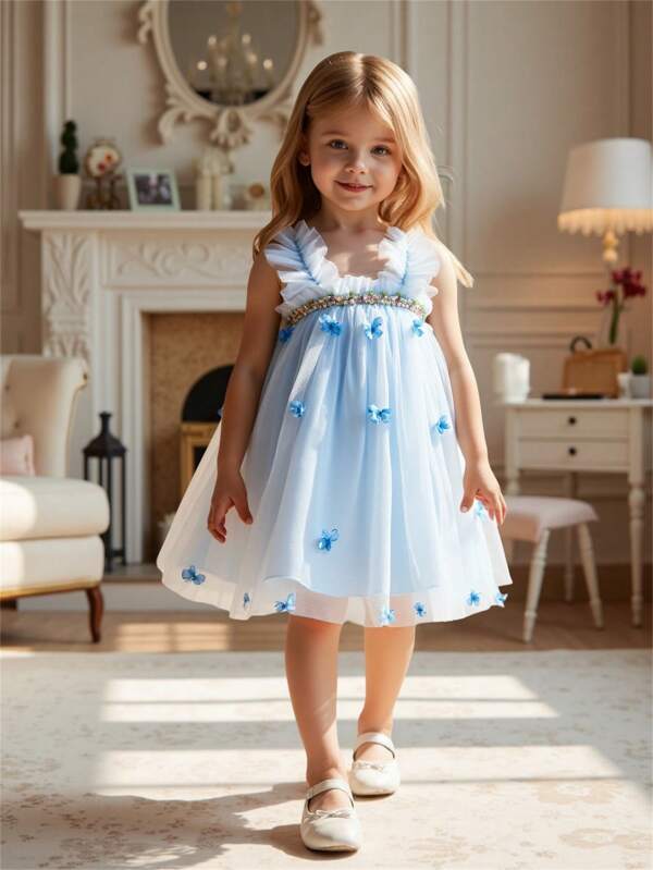 Glamorique Kids Fetă tânără Rochie de prințesă cu fundă cu curele din plasă moale