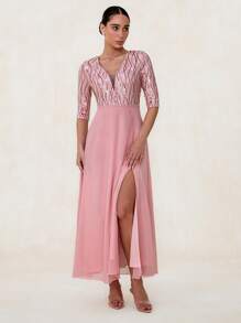 SHEIN Belle 撞色亮片开叉雪纺伴娘礼服优雅正式晚会舞会婚礼宾客礼服，适合毕业典礼、晚宴或节日派对服装 - 粉色 - 查看 3