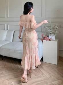 DAZY Plus Size Women's Asymmetric Ruffle Trim Slip Dress Floral,Milkmaid Dress - Pink - View 2