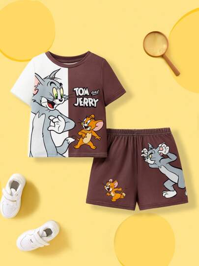 TOM & JERRY X SHEIN 2st/set Baby Boy Söt Casual Colorblock Cartoon Grafisk kortärmad T-shirt och shorts, vår/sommar
