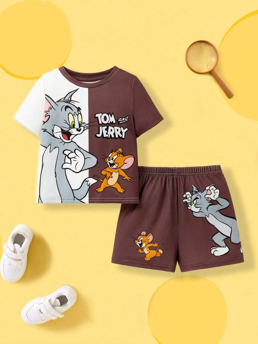 TOM & JERRY X SHEIN 2pcs/Set Baby Boy Cute Casual Colorblock Cartoon Graphic Short Sleeve T-Shirt And Shorts, Spring/Summer - Brown - View 1