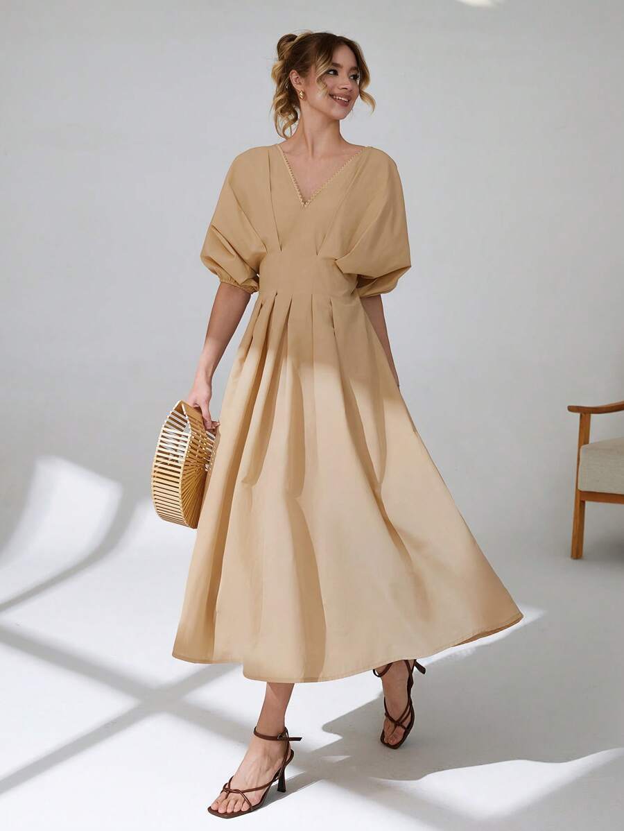 CLARA VERO 休闲女式 X 形编织长裙褶皱合身腰部 V 领短袖本色奶油色 - 奶油色 - 查看 1