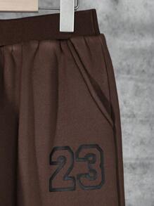 青少年男孩字母圖案條紋飾邊保暖連帽夾克和運動褲無毛衣