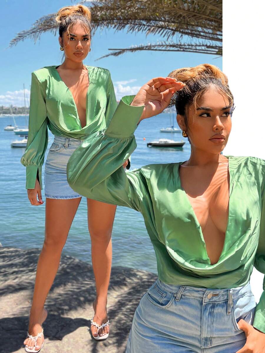 SHEIN SXY Beach;Women's Plunging Neck Glossy Grey-Green Blouse, Suitable For Summer Outing And Dating