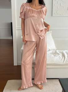 DAZY Romantic Satin & Lace Patchwork Pleated Design Women's Pajama Set - Pink - View 6