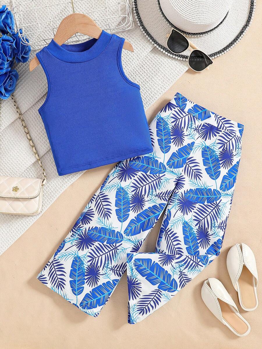 SHEIN 2pcs/Set Girls' Vacation Summer Beach Top With Cap Sleeves & Elastic Waist Wide Leg Pants Set, Suitable For Travelling & Holiday, Summer - Blue - View 1