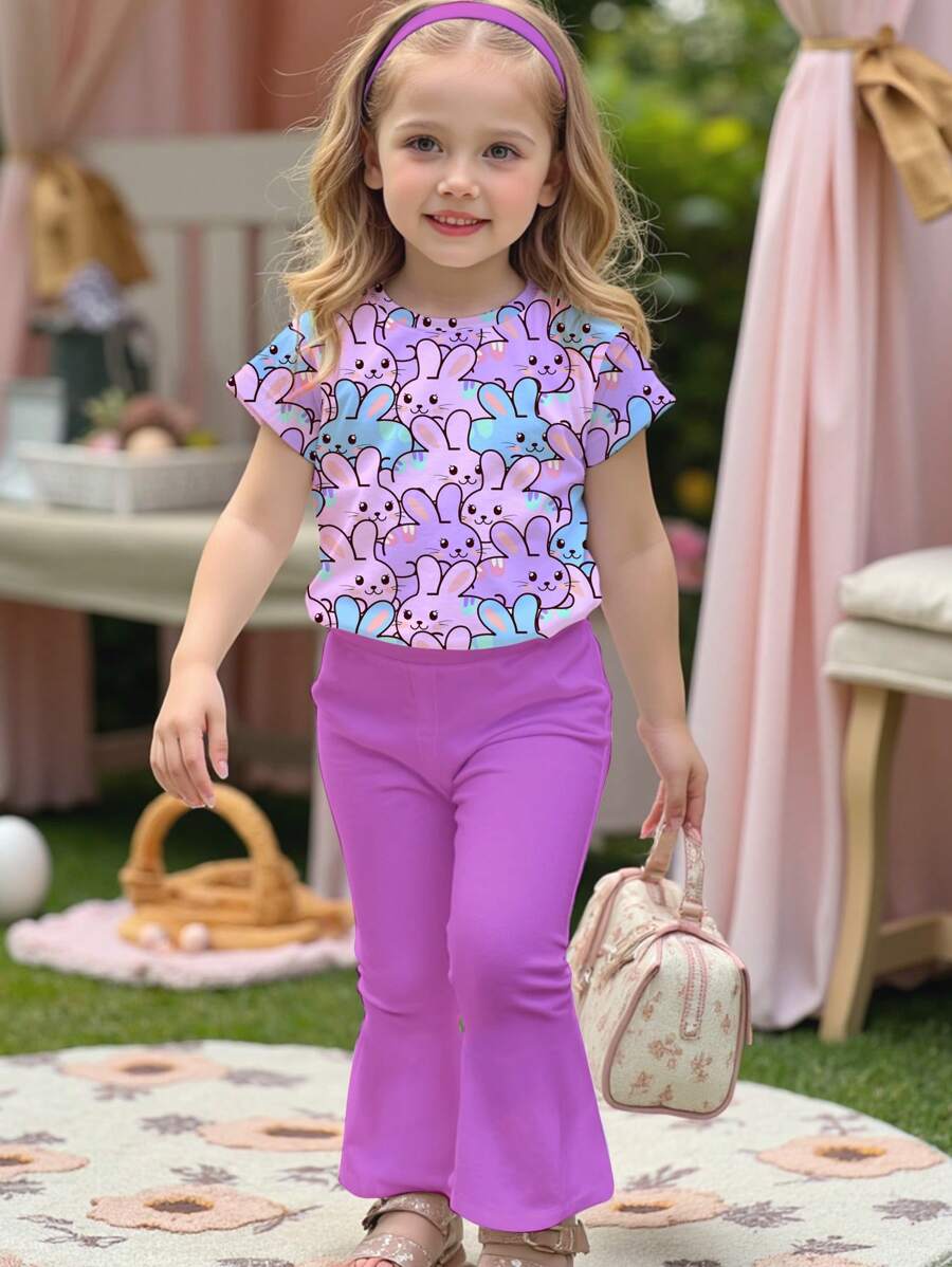 SHEIN Cute Rabbit Print Casual 2Pcs Set, Includes Round Neck Short Sleeve Top & Flare Pants For Young Girls, Suitable For Summer