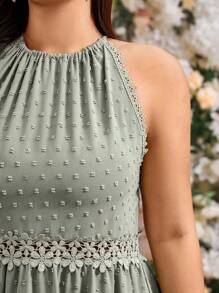 SHEIN LUNE Ruffled Jacquard Asymmetric Hem Lace Insert Elegant A-Line Wedding Dress - Green - View 4