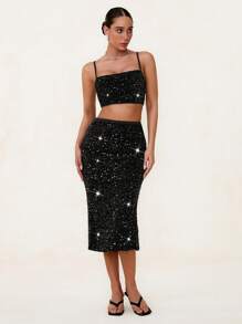 Glamine Conjunto de 2 piezas vestido largo con hombros descubiertos de color negro con lentejuelas, conjunto para salir, vestido de cumpleaños, conjunto para fiesta de vacaciones, conjunto de vestido para cita, conjunto de vestido de San Valentín para mujer, conjunto de vestido brillante, conjunto de 2 piezas para mujer, conjunto de 2 piezas falda, conjunto de 2 piezas falda para mujer - Negro - Ver 5