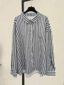 SHEIN Große Größen Gestreiftes Hemd mit Langarm und Einzelknopfleiste für Damen, lässig geschnitten, Herbst