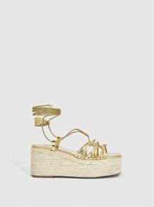 CUCCOO SZL Woman Shoes Square Toe Braided Design Strappy Thick Sole Vacation Gold Wedge Sandals For Summer Vacation Shoes Party Baddie Fashionable Chic Gorgeous Style Christmas Disco Party Night Out Fall New Year Holiday Valentines Valentine Day