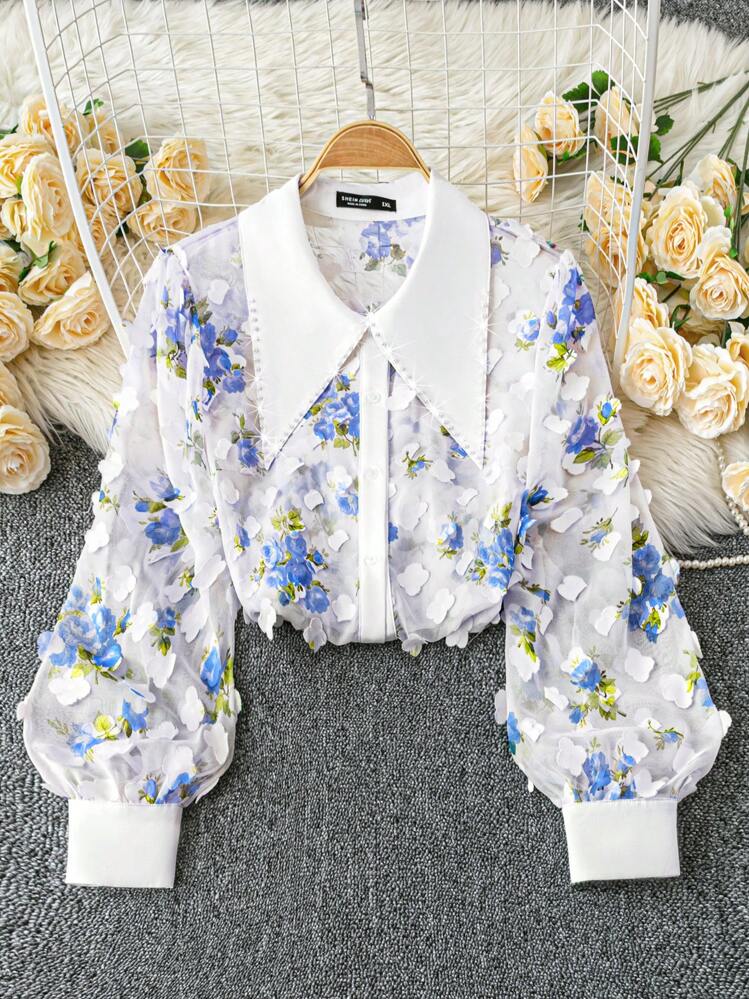 DreamSkyne بلوزة ذات أكمام طويلة مزينة بالخرز والزهور ثلاثية الأبعاد للمرأة بمقاسات كبيرة، رومانسية - الأزرق - مشاهدة 1