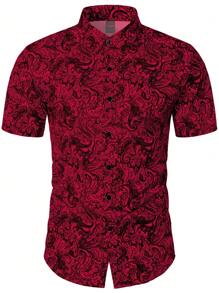 Manfinity Homme 佩斯利印花单排扣休闲短袖衬衫，适合日常穿着 - 紅色 - 查看 3