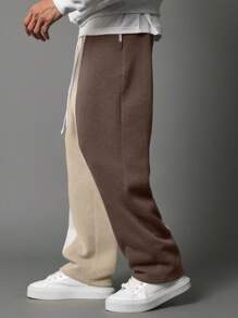 SUMWON High-End Designer Color Block Jogger Sweatpants Athletic Lounge Pants Casual Comfort Drawstring Waist Winter Fall Fashion Elastic Cuffs Modern Streetwear - Mocha Brown - View 2