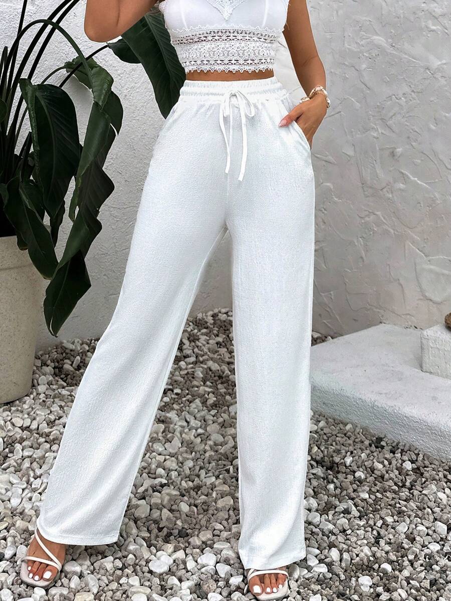 EURMUSE Women's Summer Solid Color Beige High Waist Drawstring Waist Linen Wide Leg Pants - White - View 1