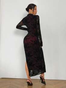 SHEIN EZwear Zwarte gevlokte mesh maxi bodycon jurk voor dames
