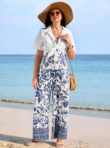 SHEIN 2pcs/Set Maternity Vacation Solid Color Short Sleeve Shirt And Floral Print Jumpsuit Casual Outfit For Summer