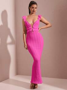 SHEIN BAE Sexy Hollow-Out Crochet Textured Ruffle Trim Cap Sleeve Open Back Lace-Up Dress, Elegant, Summer