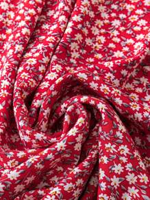 SHEIN CURVE+ 大码女式花卉印花腰褶皱连衣裙，新年装 - 紅色 - 查看 5