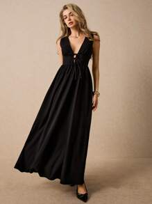 Poéselle Women's Elegant Black Maxi Dress,Summer Night Out Tie-Front Sleeveless Long Dress,Chic Casual Party Outfits,Sleek Resort Dresses For Women - Black - View 4