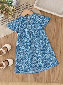 SHEIN Leap Crew Baby Girl Summer Loose Casual Round Neck Ditsy Floral Lace Trim Maxi Nightgown - Blue and White - View 2