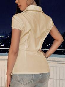 Flirla Camisa de manga corta con pliegues de unicolor casual de verano - Caqui - Ver 2