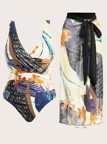 Swim Oasis 2pcs/Set Plus Size Plant Printed One-Piece Swimsuit With Cover-Up And Sarong Skirt - Black and White - View 7
