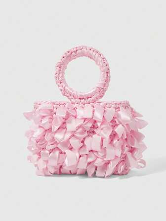 Kawaii Borsa a tracolla stile vacanza con manico intrecciato rosa